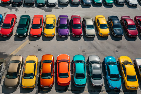 New cars of different colors parked in a row on a lotの素材