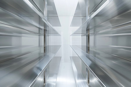 Long corridor with stainless steel shelves.の素材