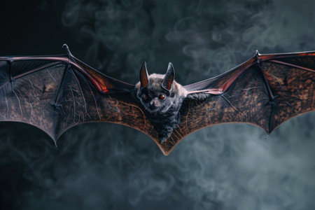Close-up view of flying bat with spread wings, mysterious nocturnal creature in dark atmosphere with smoky backgroundの素材