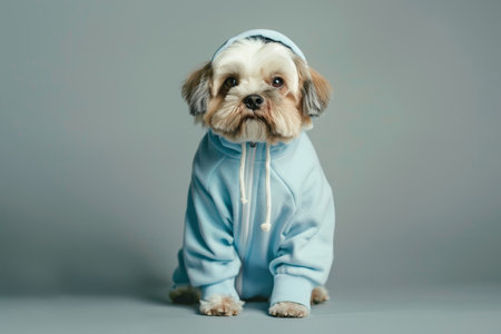 Small dog in blue hoodie costume sitting on gray backgroundの素材