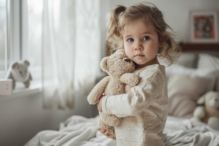 Child in pajamas with teddy bear standing by crib in cozy bedroomの素材