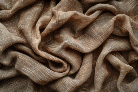 Gathered and folded brown beige natural woven cotton linen fabric textile texture background banner.の素材