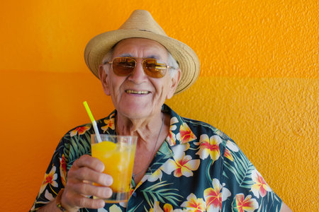 Elderly man in Hawaiian shirt and straw hat with cocktail, orange backgroundの素材