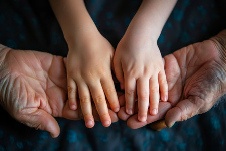 Child and elderly hands together.の素材