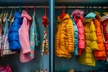 Colorful jackets and sweaters hanging in a closet. Vibrant apparel in a closet showcasing various winter outfitsの素材