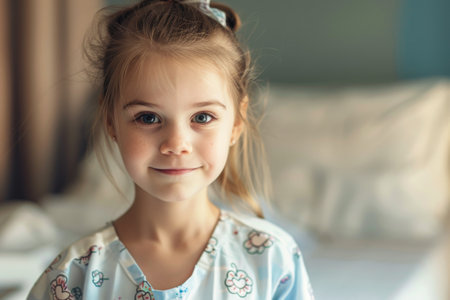 Sweet young girl with expressive eyes sitting on a hospital bed in a pediatric ward looking directly into the camera. The child is wearing a patterned hospital gown and exudes an air of calm and courage amidst her surroundings. The room has typical hospital furniture and equipment. High-resolution image perfect for healthcare and pediatric themes.の素材