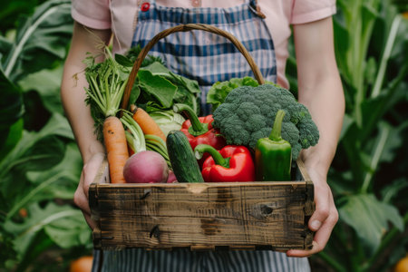 Farmer woman holding wooden box full of fresh raw vegetables. Basket with vegetable.の素材