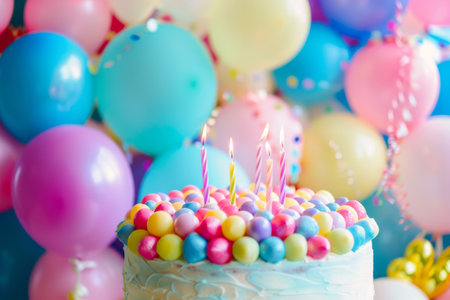 White birthday cake with colorful candles and balloons.の素材