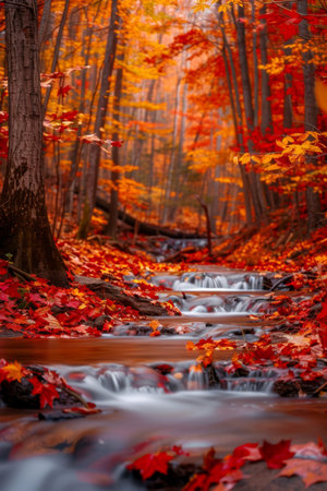 Autumn forest stream and vibrant foliage waterfall in a scenic view - beautiful nature conceptの素材