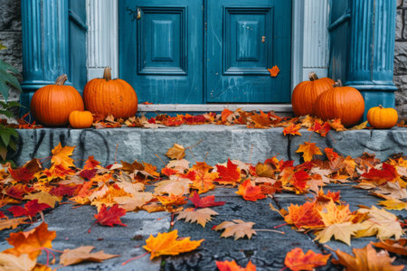 Colorful autumn leaves and pumpkins on a stone doorstep with blue door. Perfect autumn scene with fall leaves and pumpkinsの素材