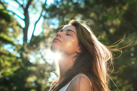 Young woman enjoying sunlight with closed eyes and smiling relaxed outdoors among nature embodying beauty and tranquilityの素材