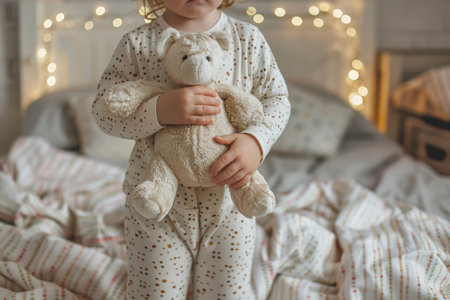 Child in pajamas with teddy bear standing by crib in cozy bedroomの素材