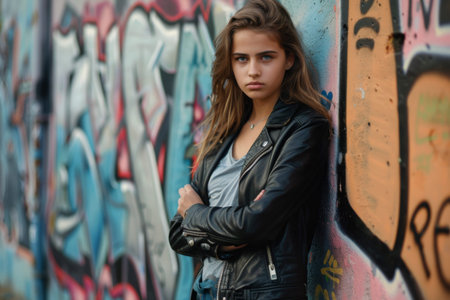 Teenage girl in leather jacket with graffitiの素材