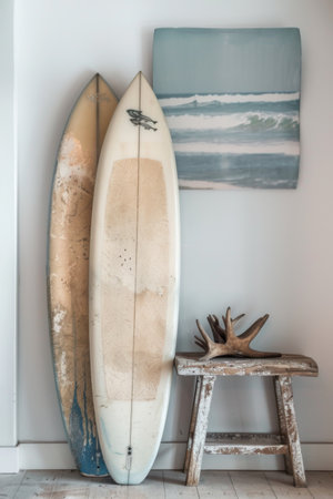 Multiple surfboards standing against a wall indoorsの素材