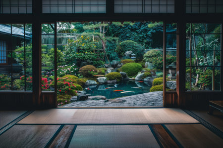 Traditional Japanese house with garden and koi pond.の素材