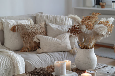 Bright interior with sofa, wooden table, candles, and vase with decorative grasses.の素材