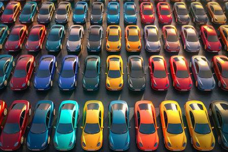 Top view of a parking lot with colorful carsの素材