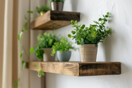 Interior design details: brown wooden raw edge floating shelves hanging on a white wall with green potted house plantsの素材