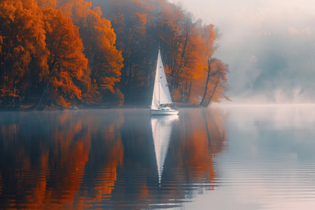 Sailboat on a misty lake with autumn forest backgroundの素材