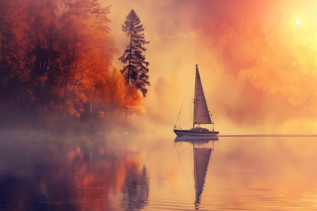 Sailboat on a lake in morning mist, surrounded by autumn treesの素材