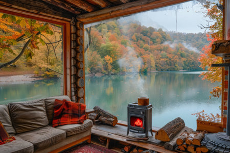A cozy wooden cottage with a fireplace and large windows offering views of a serene lake and forest in autumn colorsの素材
