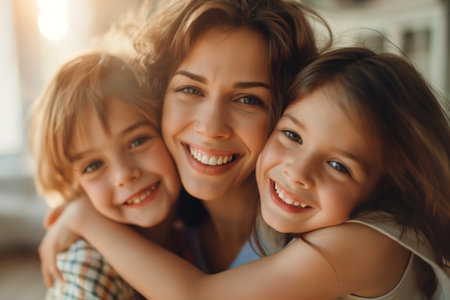 Smiling mother with two children, close-up embrace showing warmth, love, and joy in a family momentの素材