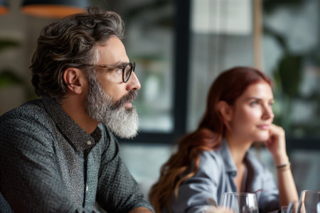 Side view of a thoughtful man with glasses and beard meeting with a woman in a cafe. Business meeting conceptの素材