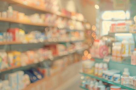 Pharmacy with blurred light shelves of medicinesの素材