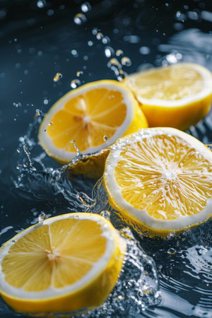 Lemon slices in water with splashes on dark background.の素材