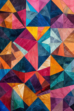 Vibrant geometric abstract painting with multicolored triangles and unique patterns, showcasing brilliant and colorful artistryの素材