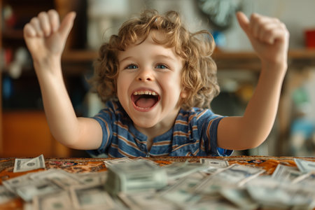 Joyful kid with currency, celebrating financial success, happy child excitedly holding money, cheerful young boy with cash, wealth conceptの素材