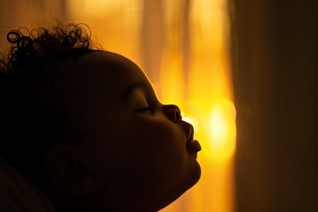 Silhouette of kid with curly locks kissing during sunset as the warm light creates a serene tender scene, childhood innocence and warmth conceptの素材