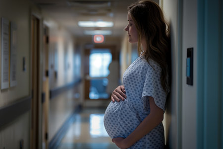 Side view of pregnant woman in hospital gown, standing in corridor, holding belly, reflecting anticipation, awaiting childbirth, healthcare setting, hospital scene, prenatal care conceptの素材