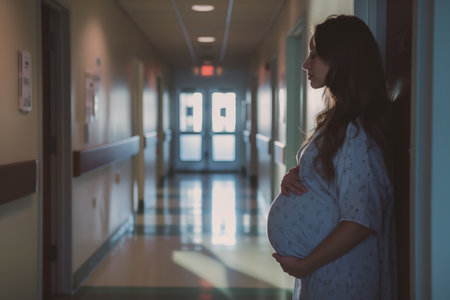 In a dimly lit hospital hallway, a pregnant woman stands in a gown, symbolizing anticipation and reflection, motherhood and health conceptの素材