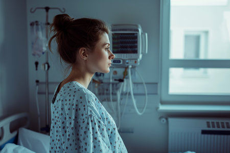 Woman in hospital gown, sitting on bed with medical equipment, thoughtful patient in clinic, health care conceptの素材