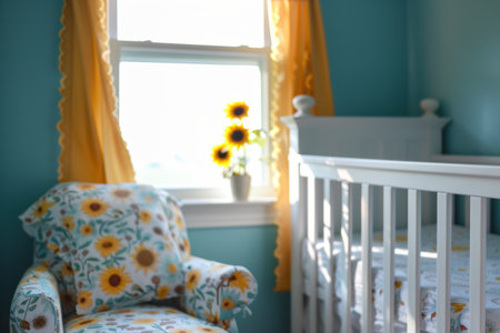 Cozy nursery room, armchair with sunflower print and crib, yellow curtains, sunny window, floral themed nursery, baby room design conceptの素材