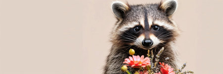 Raccoon with a bouquet of flowers.の素材