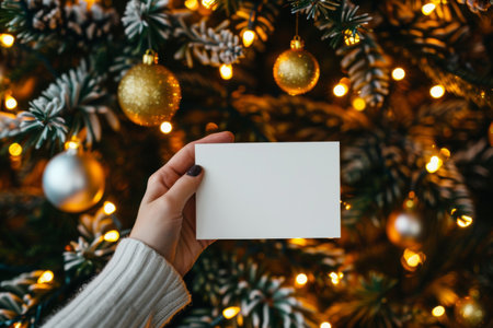 Hand holding white card against Christmas lights.の素材