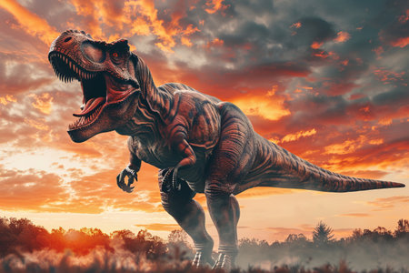 Tyrannosaurus rex roaring with rising sun in wild nature.の素材