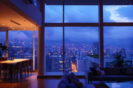 A bright and spacious penthouse with panoramic windows overlooking a bustling cityscape at dusk. The interior is decorated with modern furniture and accent lighting.の素材