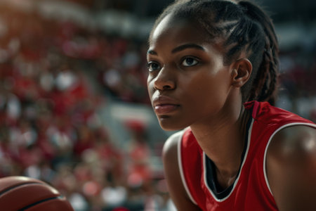 Woman basketball player on court during game wearing red uniformの素材