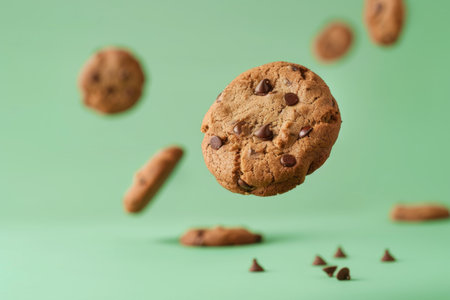 Chocolate chip cookies floating in air on green backgroundの素材