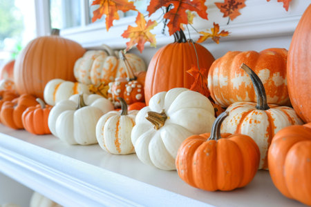 Pumpkins and autumn leaves on windowsill.の素材