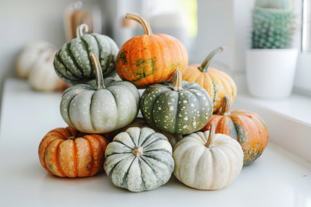 Pumpkins and autumn leaves on windowsill.の素材