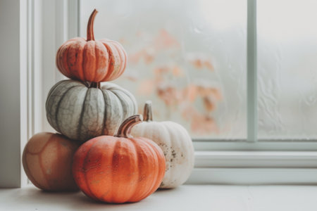 Pumpkins of different sizes and colors stacked on each other.の素材