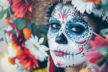 Face with Day of the Dead makeup and floral decor.の素材
