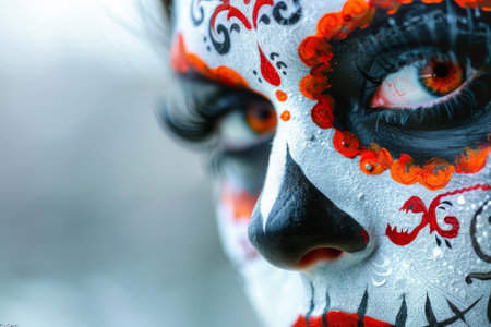 Face with Day of the Dead makeup and floral decor.の素材