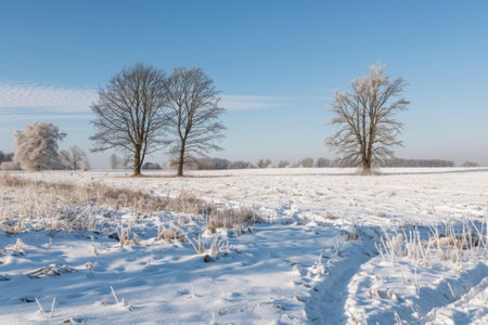 A snowy field with a few trees in the background.の素材