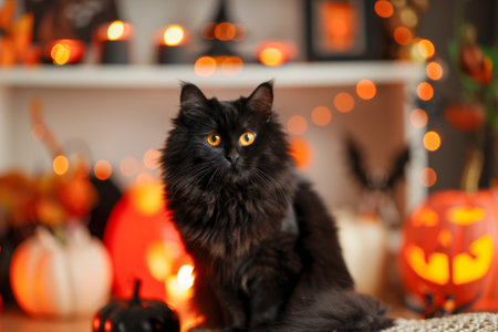 Black cat with yellow eyes in front of Halloween pumpkins and decorationsの素材