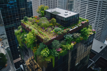 Modern building with green rooftops, top view.の素材